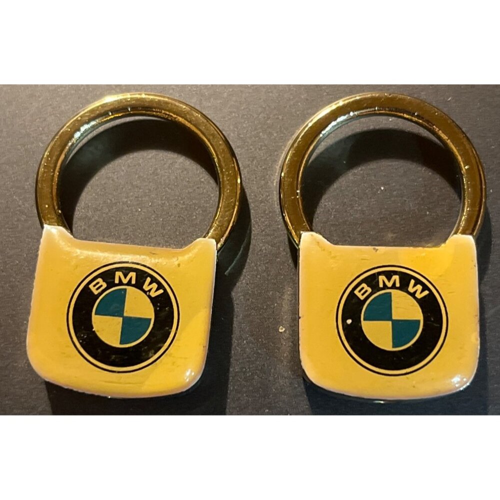 Set Of 2 Ganley BMW Keychain Rings Yellow w/ Logo & Contact Info, Metal Design